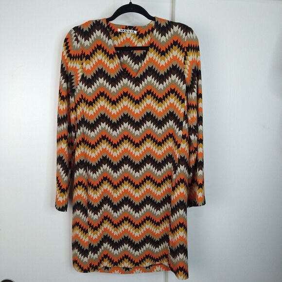Vanilia Chevron Midi Dress Long Sleeve Womens Size 38 M Orange Brown Retro - Picture 1 of 10